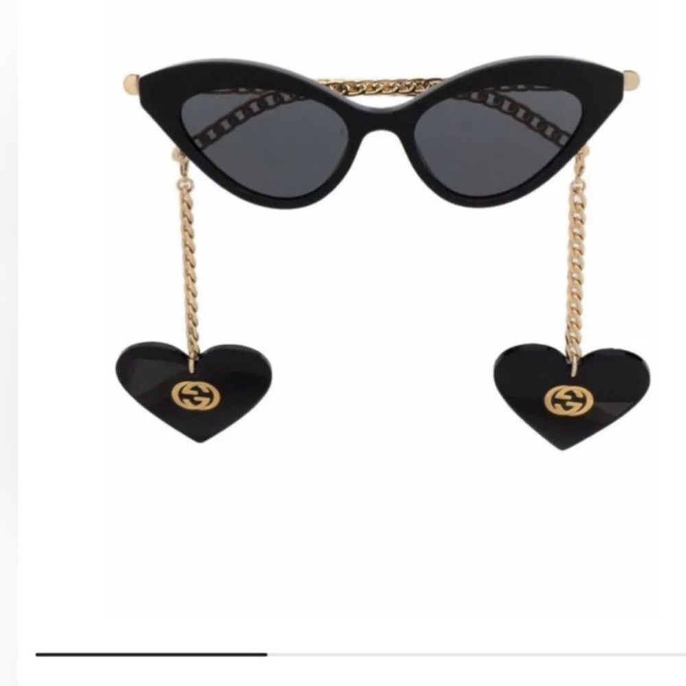 Gucci Black Sunglasses with Gold Chain and Heart Accents